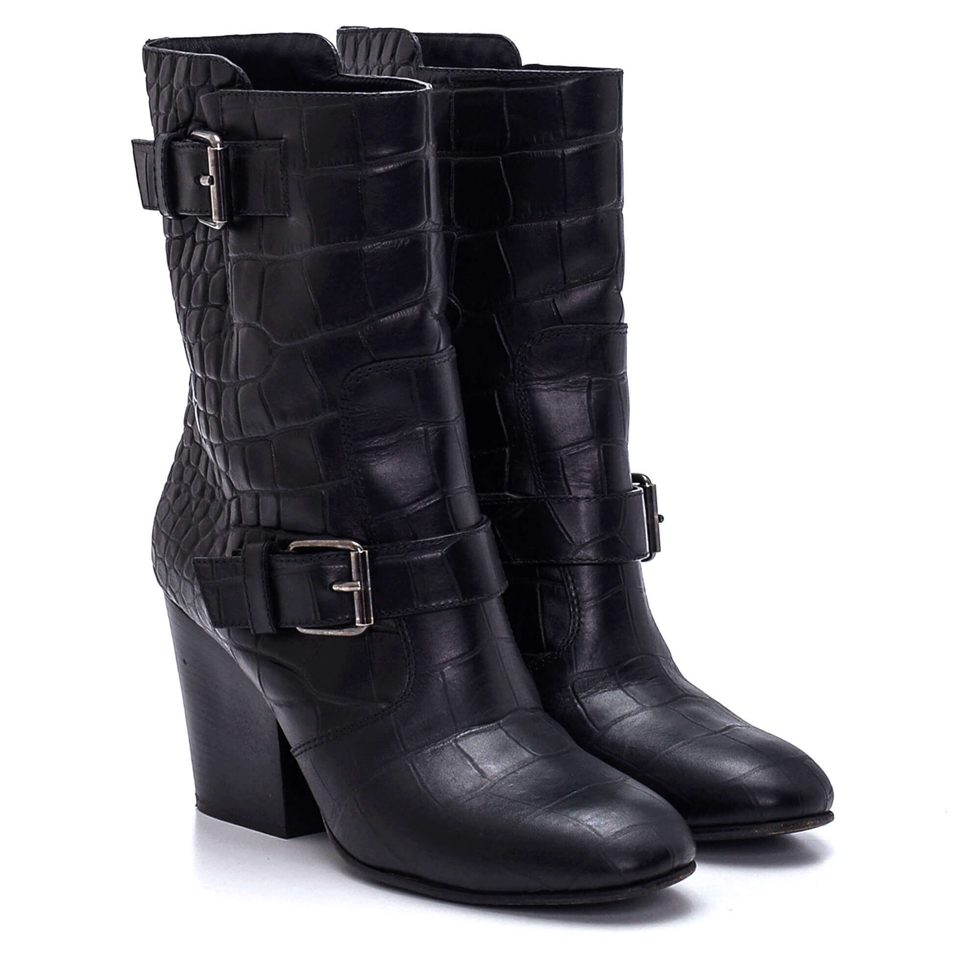 Giuseppe Zanotti - Black Leather Crocodile Embossed Double Buckle Boots